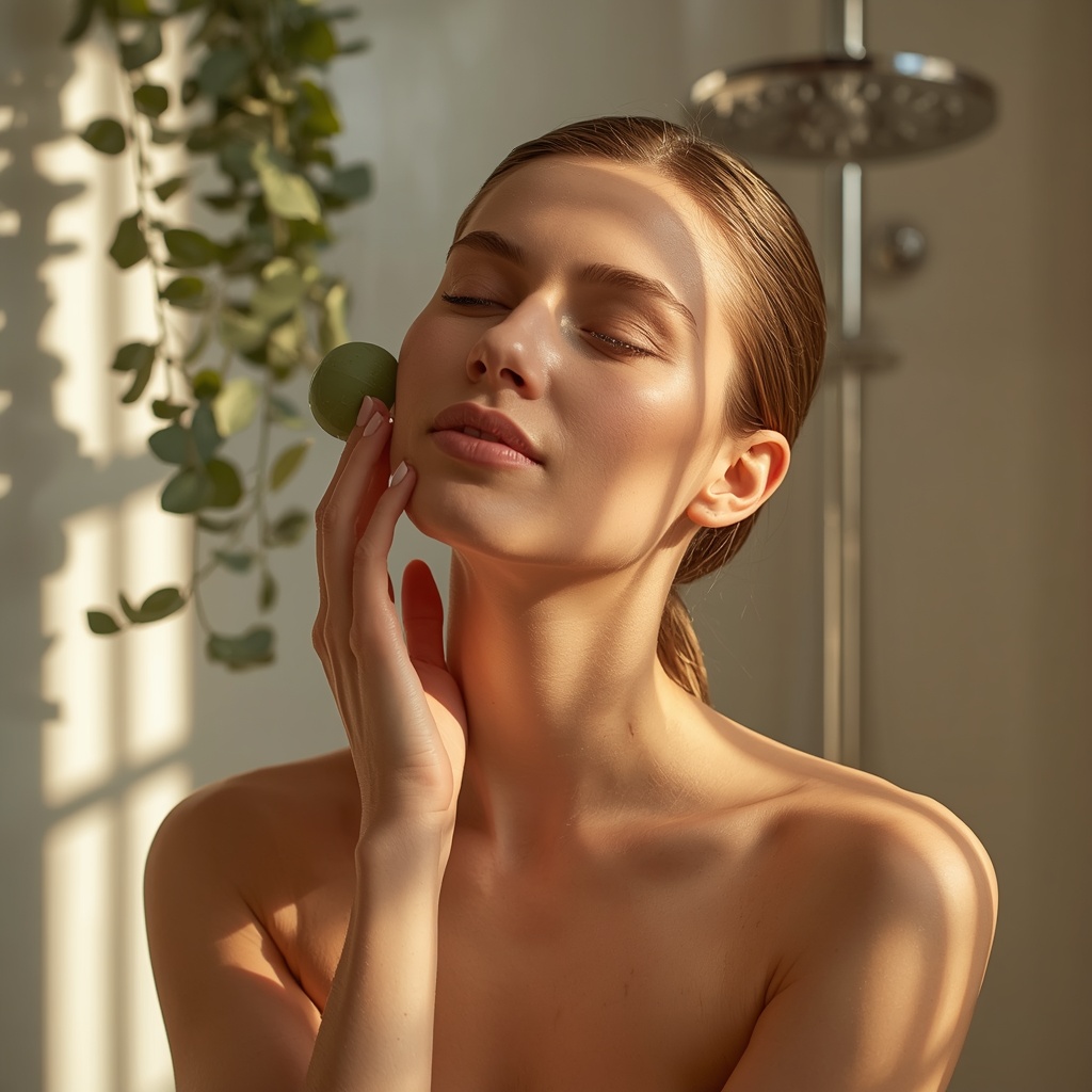 Woman with glowing skin pausing for a calm self-care ritual with a jade roller, in warm natural light, reflecting an inside-out Sunday wellness routine